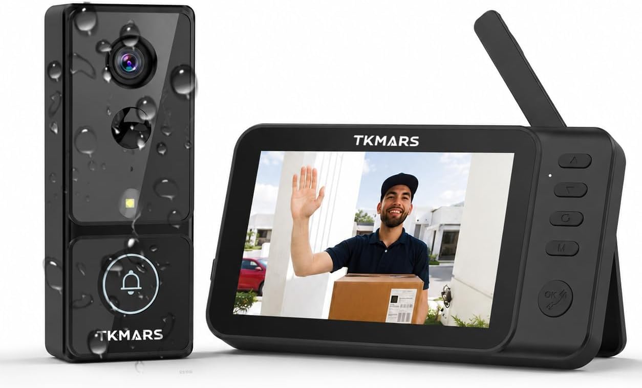 TKMARS Wireless Doorbell with Camera and Screen, PIR Motion Detection, Active Alarm – 1080p Waterproof Outdoor Video Doorbell with 170° Wide Angle and Night Vision – WiFi-Free Intercom for the Home