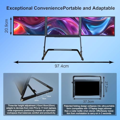 Image of 14'' Triple Portable Monitor Laptop Screen Extender | 1920x1200 IPS Foldable 3-Screen Extender, Quad Screen Monitor Workstation for 13-17 Inch Laptop, USB-C & Mini H /D Interface