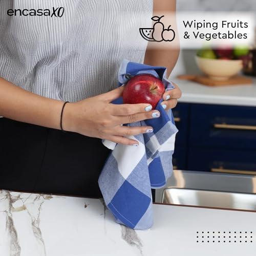Image of Encasa XO Kitchen Towels Cotton Pack of 4 | 70x45 cm, Buffalo Blue Checks - Dish Cloths | Highly Absorbent Cleaning & Wiping Cloths for Kitchen | Reusable Tea Towels