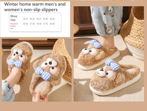 Cute little monkey home slippers, brown plush blue checkered bow, soft furry indoor winter shoes 6