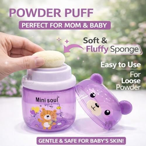 Image of Baby Powder Puff with Container Soft Feather Sponge Powder Applicator for Newborn & Infant Transparent Refillable Case Mess-Free, Leak-Proof, Baby-Safe Powder Puff for Kids Purple
