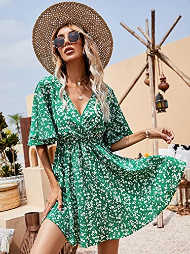 Image of Floerns Women's Tropical Floral Plunging V Neck Tie Open Back Summer Short Dress
