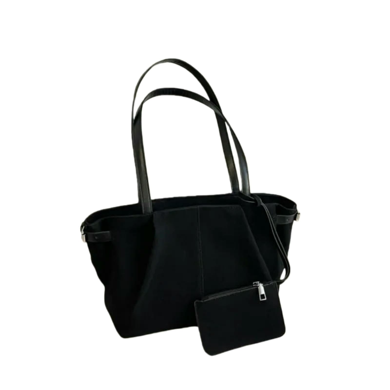 Veslyn Women's Black Tote Bag ；Makeup Chic Suede Underarm – Solid Color Shoulder With Matching Pouch, Multi-Purpose Purse For Work, Travel & Daily Life