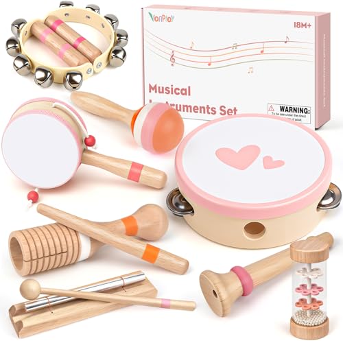 Image of Musical Toys for 2 3 Year Old Girl Birthday Gifts, Wooden Montessori Toys for 2 Year Old, 8 in 1 Musical Instruments for Toddlers with Drum/Hand Bells/Flute/Maracas, Preschool Toys for Baby 18+ Months