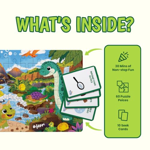 Image of The Curious Bees - Seek & Spot Puzzle & Game - Dino Puzzle | 60 Pieces + 10 Seek Cards | Gifts for Boys and Girls Ages 4-8 | BIS Approved | Made in India