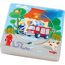 HABA-303252-Puzzle-de-Madera-con-diseno-de-Bomberos-en-5-Capas-Juguete-de-Madera-a-Partir-de-12-Meses-6-Piezas-estables-de-Madera-con-Motivos-de-Bomberos-de-Colores