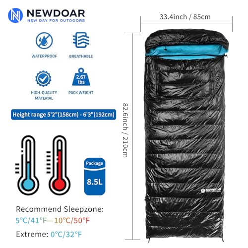NewDoar Bolsa de Dormir Rectangular Ultraligera con Plumón 800FP para Camping Primavera-Verano-Otoño miniatura 5