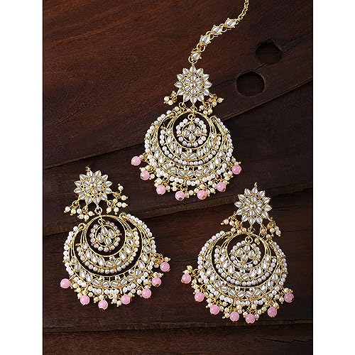 Image of Peora Traditional Jewellery Rhodium Kundan & Pearl Maang Tikka Earring Set for Women Girls