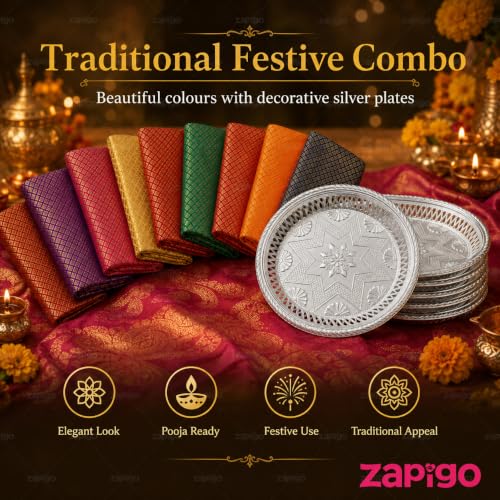 Image of Habba Blouse Piece with Decorative Silver Plate, Silk Blend Fabric & Reusable Pooja Plate, Traditional Haldi Kumkum Return Gift for Diwali, Navratri, Varalakshmi Vratham, Wedding - Pack of 5