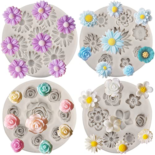 MYPRACS Lot De 4 Moules En Silicone En Forme De Fleur De Marguerite De Fondant De Fleur De Plumeria De Bonbons Pour Décoration De Cupcake Décoration De Gâteaux Pâte...
