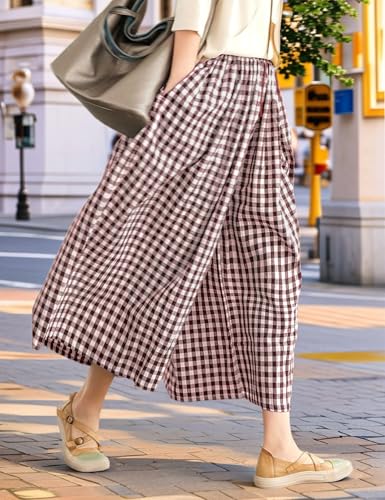 Womens Wide Leg Capri Pants Gingham Summer Plaid Culottes High Waist Casual Lounge Palazzo Pants with Pockets