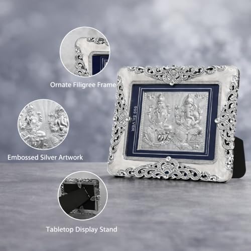 Image of KYAT Pure 999 Fine Silver Kamdhenu Cow with Calf Idol Elephant Pair (Lakshmi Ganesh - 8 x 10'')