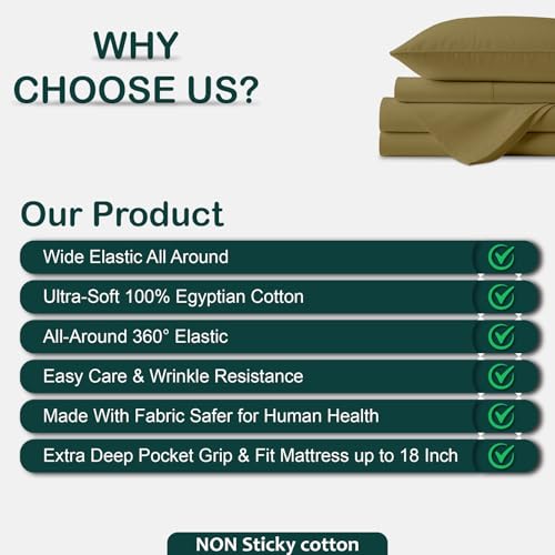 NON Sticky cotton 4 Piece Top Split King Sheets Sets for Adjustable Bed, 100% Egyptian Cotton Bed Sheets, 34" Flex Head Fitted Sheet, Fits 18" Deep Mattress, 78" x 80", Taupe Solid - image 4