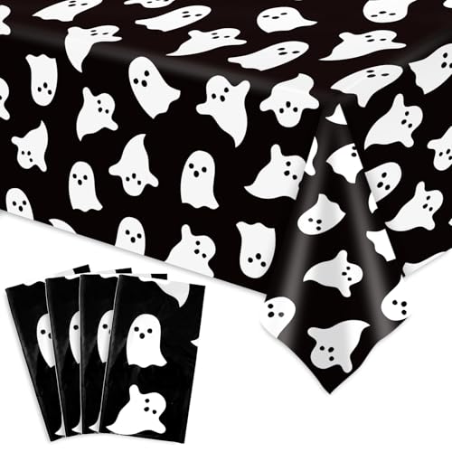 4Pcs Halloween Plastic Tablecloths White Black Ghost Disposable T...