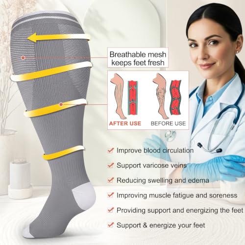 Image of Diu Life 3 Pairs Plus Size Compression Socks for Women and Men Wide Calf Extra Knee High Support for Circulation