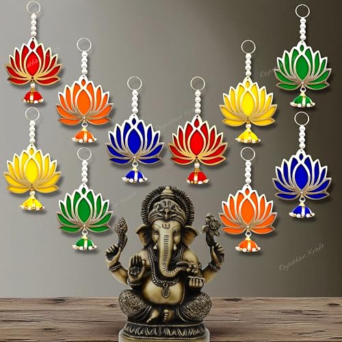 Image of Rajasthan Kraft Pack of 10 Handmade Multicolor MDF Lotus Door Hanging with Woolen Topi & Beads Traditional Entrance & Wall Decor for Makar Sankranti, Lohri, Weddings & Housewarming 6 Inch(RK-H-211-10)