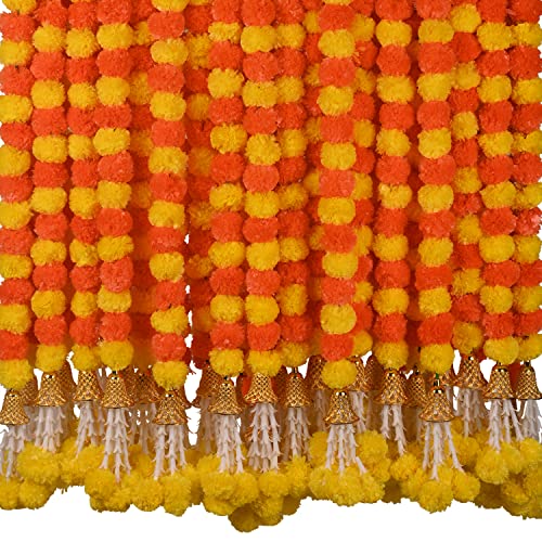 DIYANA IMPEX Marigold Garland for Decoration 5 Pcs of 5 feet Long Strands Artificial Marigold Flowers with Bell, Indian Décor for Pooja/Diwali Decorations/Christmas (Orange + Yellow)