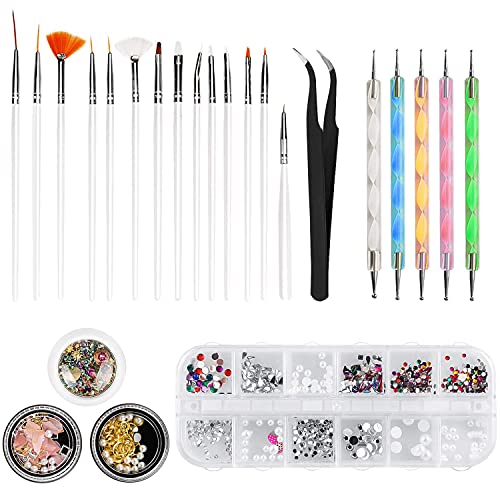 Nail Art Kit, WOVTE 15 Gel Acrylic Painting Brushes, 5 Dotting Pens, 12 Grids Nail Art Rhinestones, 2 Pack Colorful Diamonds Crystals Beads Gems Nail Art Decorations and 1 Tweezers for Nail Art DIY