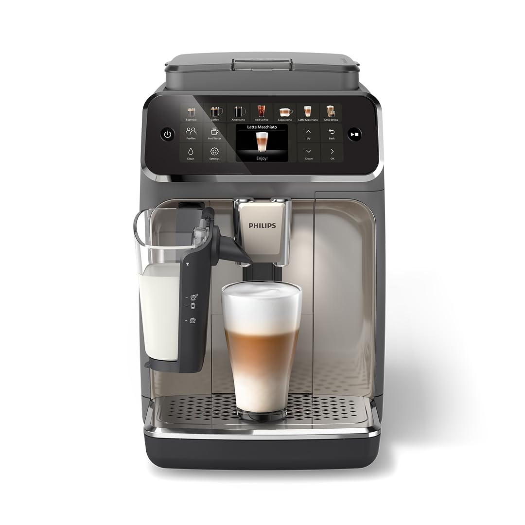 PHILIPS 4400 Series Fully Automatic Espresso Machine, LatteGo Milk System, Integrated Grinder, 12 Hot & Iced Coffee Pre-Sets, Quick Start, SilentBrew, 15-Bar Pressure, Black Chrome (EP4444/90)