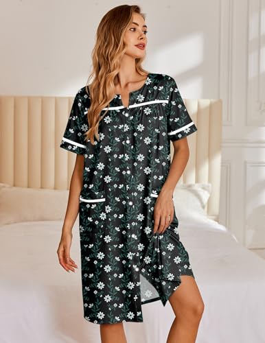 Image of Ekouaer Nightgowns for Women House Dress with Pockets Snap Front House Coat Short Sleeve Duster Moo Moos Sleepwear S-3XL
