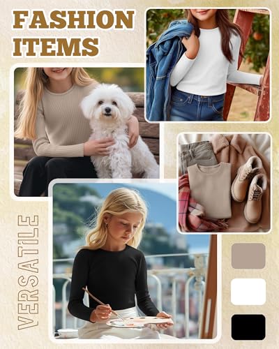 3 Pack Girls Long Sleeve Shirts Ribbed Knit Cotton Layering Tops Slim Fit Crewneck Casual Undershirts - Image 5