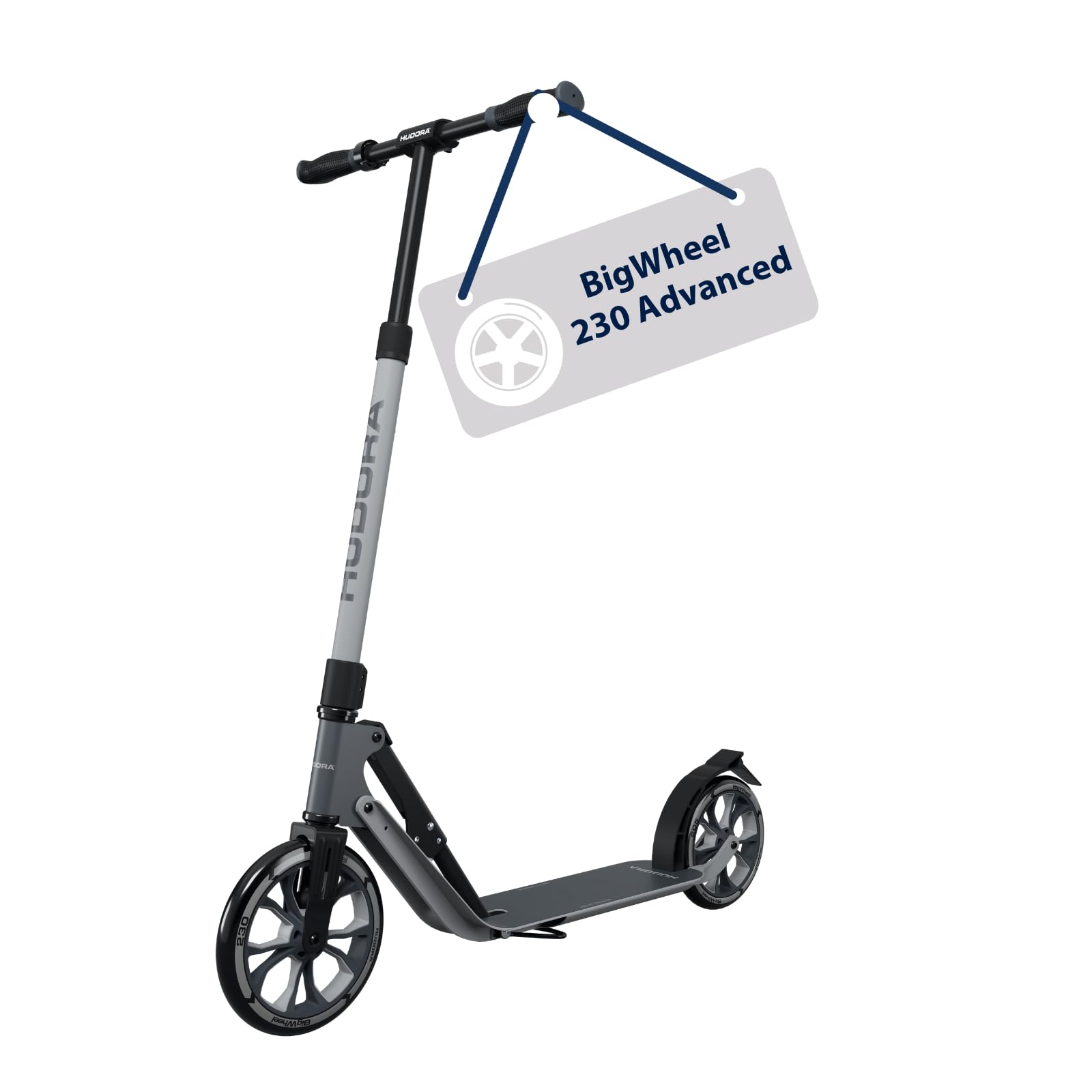 HUDORA BigWheel 230 Advanced Scooter - Stable aluminium scooter for up to 120kg - Quiet & foldable city scooter with stand & bell - Kick scooter for kids/teens & adults