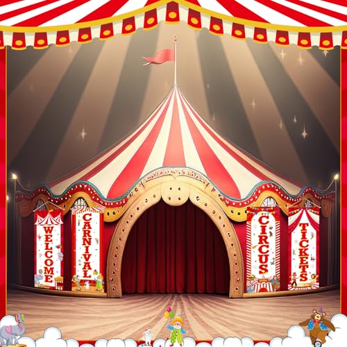 Image of Panelee 4 Pcs Carnival Circus Party Decorations Welcome Carnival Circus Tickets Porch Banner Hanging Backdrop for Halloween Birthday Baby Shower Door Wall Indoor Outdoor Decor