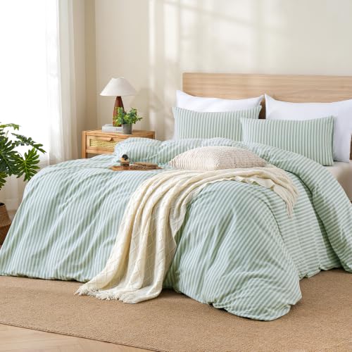 Image of TOCOMOA Sage Green Striped Duvet Cover Set Washed Cotton Like Linen, King | 100% Washed Cotton Linen-Like Feel Soft, Breathable & Comfy. Lightweight Bedding Set with Zipper & 8 Ties. 3 Pcs, No Insert