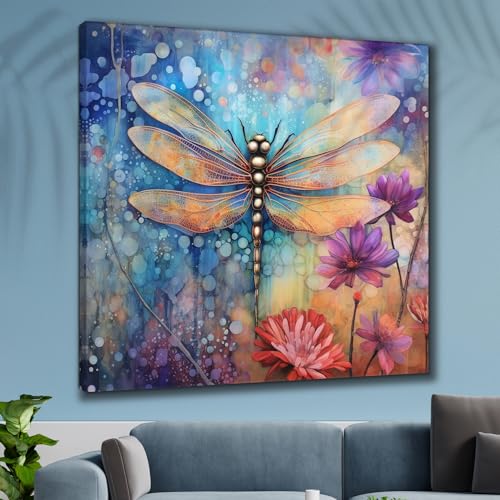 Image of SAF painting Dragonfly Wall Art - Abstract Floral Canvas Painting | Colorful Nature-Inspired Wall Decor for Living Room, Bedroom & Office 20 Inch x 20 Inch