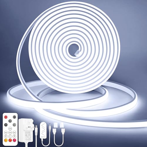 Image of Lamomo COB LED Strip Lights, 32.8Ft White Dimmable Self-Adhesive Led Rope Light with Remote, Flexible Cuttable Waterproof 6000K Silicone Neon Tape Light for Bedroom,Indoor, Cabinet, 10mm Width