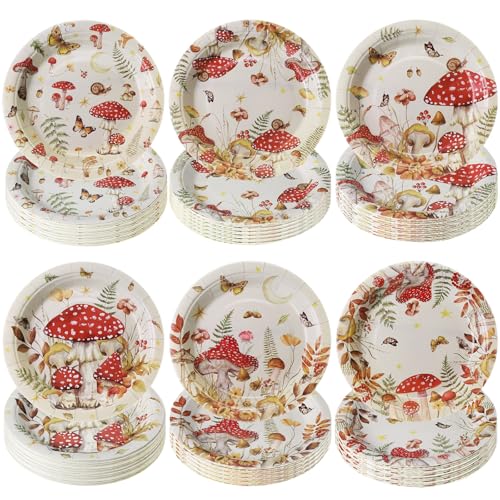 Gerrii 60 Pcs Watercolor Mushroom Party Plates 7 Inch Red Mushroom Birthday Disposable Paper Plates Forest Decorative Dessert Dinner Favor for Fairy Tale Baby-shower Party Holiday Supplies