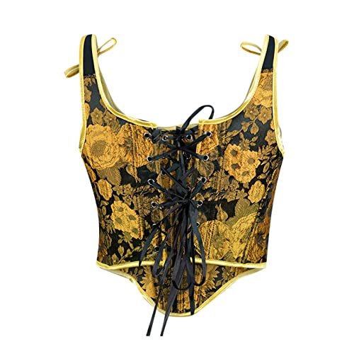 WPOUMV Women's Corset Steampunk Gothic Steel Boned Bustiers Vest Jacquard Lace Up Overbust Corsets Waist Training Bodice 15-yellow - Image 4