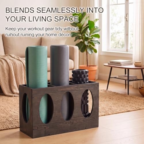 Image of Sintuff Vintage Wood Yoga Mat Holder Storage Organizer Floor Standing Foam Roller Holder Rack for Home Yoga Mats Gym Sports Exercise Accessories Dumbbell Resistance Bands