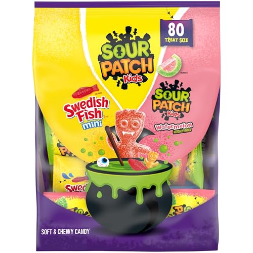 SOUR PATCH KIDS and SWEDISH FISH Mini Soft & Chewy Gummy Halloween Candy Variety Pack, Bulk Candy, 80 Trick or Treat Bags