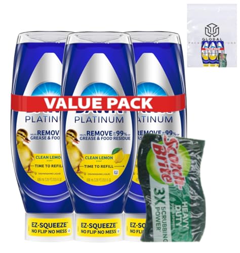 Image of Dawn EZ Squeeze Platinum Liquid Dish Soap, 20.5 Fl Oz (Pack of 3), Lemon Scent, bundled with Heavy Duty Scotch Brite Sponge