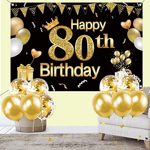 Tecreo 80th Birthday Decorations Happy 80th Birthday Backdrop Black, Gold Vinyl Fabric Party Banner Photo Booth Props 150cm x 90cm by Tecreo - Image 4
