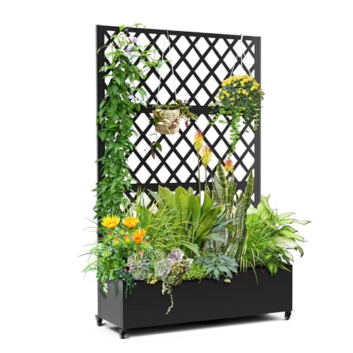 FENCY - Macetero de Metal con Enrejado de Diamante para Plantas trepadoras/vides, Cama de jardín galvanizada elevada sobre Ruedas, Cama de jardín con Enrejado (73 x 47 Pulgadas, Negro)