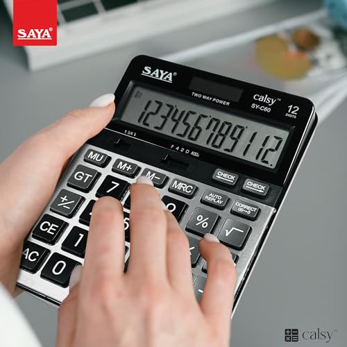 Image of Saya Premium Desktop Calculator | 12-Digit Display, Dual Power, Check & Correct Function, Metal Face Plate | Ergonomic Design for Office & Business Use | 3-Year Warranty