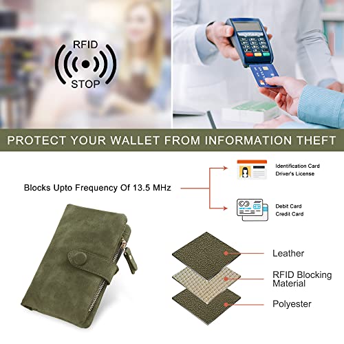 RFID Blocking Wallets for Women, Large Capacity Soft Leather Womens Small Wallet with Wrist Strap (Olive Green) 5