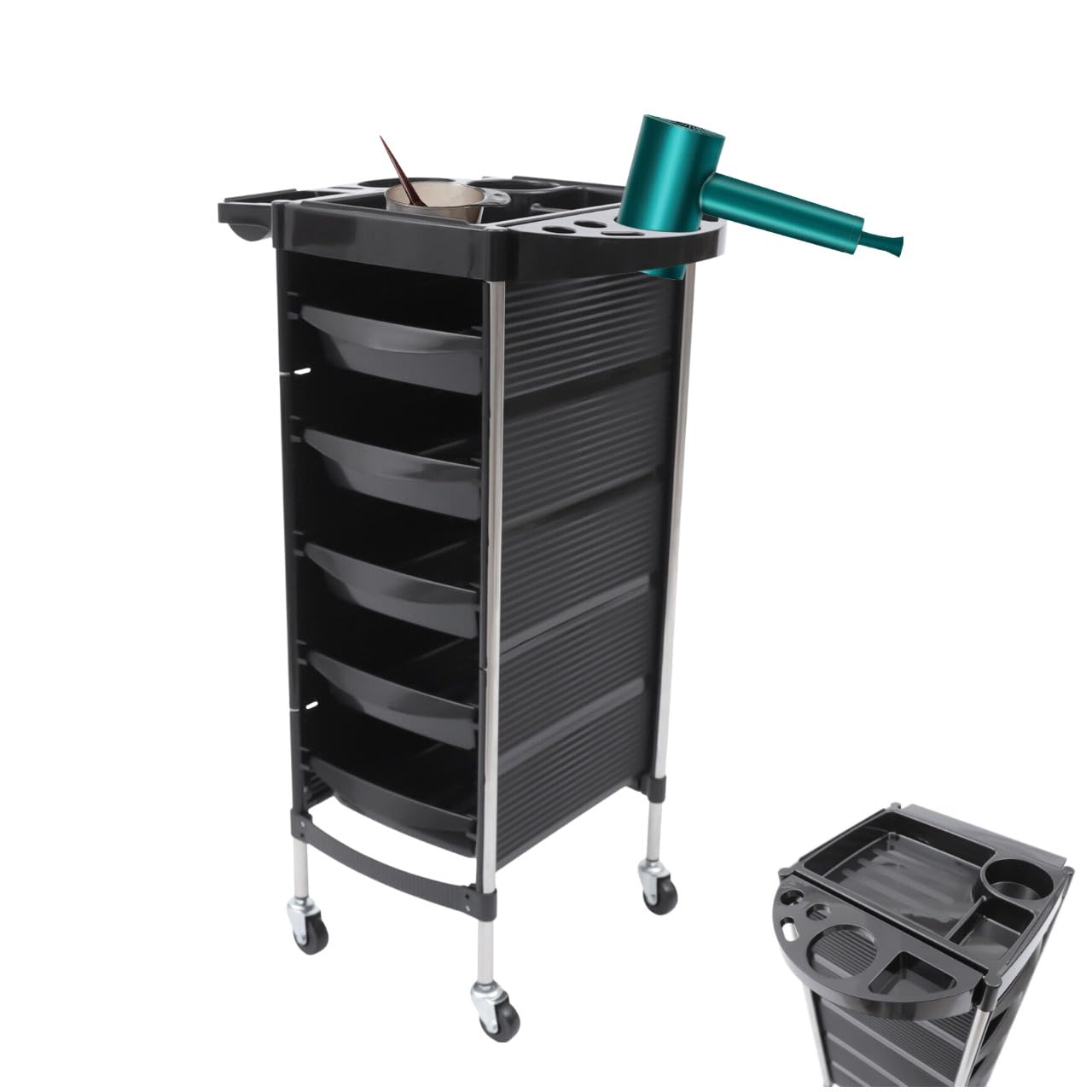 Carrello da parrucchiere, carrello per saloni di bellezza, carrello da lavoro con 5 cassetti e porta asciugacapelli, impilabile, pieghevole, per saloni di bellezza, barbershop, centri sanitari