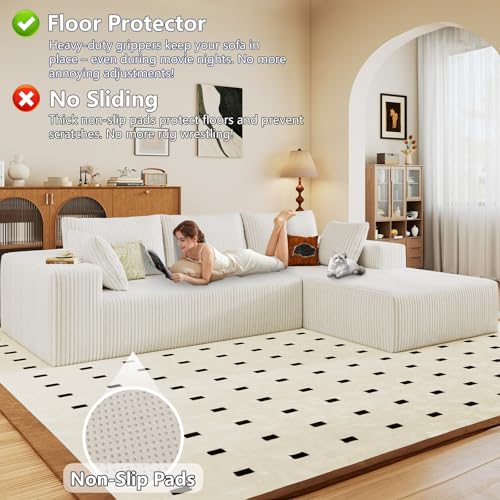 Image of 96 inch Modular Sectional Sofa, Modern Corduroy Cloud Couch with Deep Seat, Boneless Couch Upholstered 3-Seater L-Shaped Sofa for Living Room, No Assembly Required (White, Right-Facing Chaise)