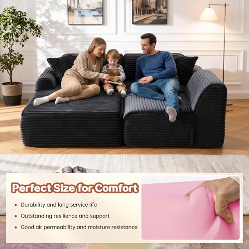 Image of KEIKI 2Seat Modular Boneless Sectional Corduroy Sofa Couch with Chaise for Urban Loft Home Office Family Friendly Urban Professionals Cozy Warm Perfect for Entertaining Refined Design Black