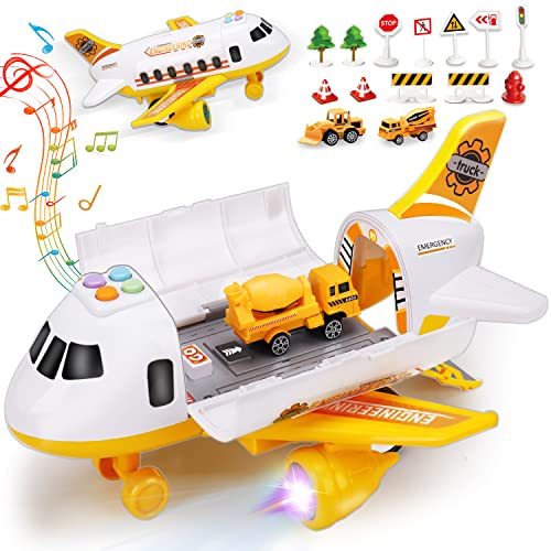 Airplane Toy with Mini Construction Cars Helicopter Boy Toys Toddler Aircraft Carrier Plane with Light Sound Transport Vehicle Play Set Airport Cargo Toy Kids Age 2 3 4 5 6 Year Old Easter Treat Gift