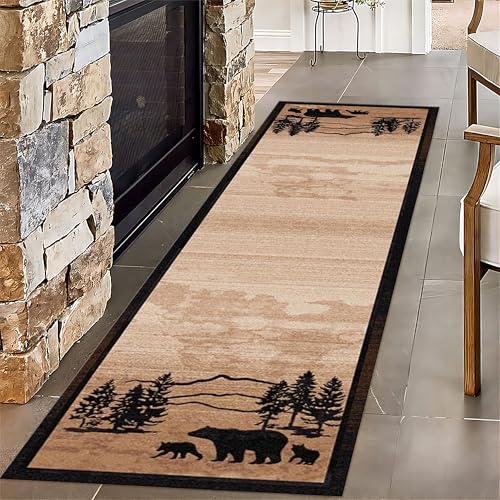 Black Bear and Cubs Long Hallway Rug Runners 2x10ft Rustic Mountain Country Cabin Indoor Carpet Foldable Soft Non Shedding Absorbent Breathable Low Pile Rug for Living Room Floor