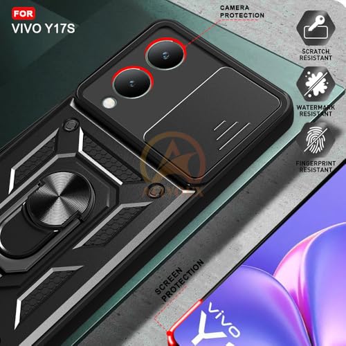 Image of Armor Bumper Back Cover Case for Vivo Y17S Rotating Camera Cover, Ring Holder & Kickstand | Heavy Duty & 360 Degree Protection Vivo Y17S Back Cover (Black)