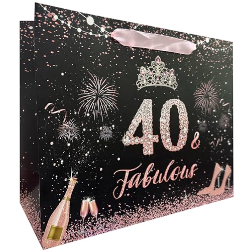 Conjunto grande de sacolas de presente de aniversário de 40 anos com alças, cartão comemorativo, papel de seda rosa e adesivos para 40 anos, ela, mulheres, irmã, filha, melhor amiga, design de tiara