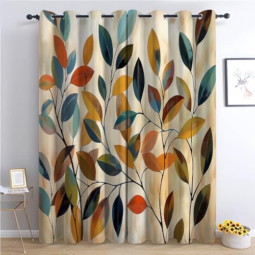 CozyRest Lot de 2 Rideaux Isolants Thermiques en Polyester avec Oeillets - 140 x 160cm Feuilles colorées à l'aquarelle - Rideaux Occultants 100% Polyester -...