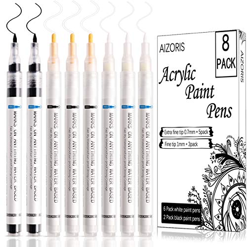 White Paint Pen, 8 Pack Black and White Acrylic Paint Marker, Fine Point Permanent Paint pens for Wood, Rock, Plastic, Leather, Glass, Stone, Metal, Canvas, Ceramic(2 Different Tip)