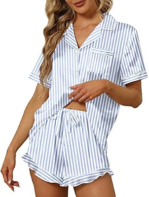 SAPJON Satin Silk Pajamas for Women - 2Pcs Ruffle Notch Collar Button Down Short Sleeve Shorts Sleep...