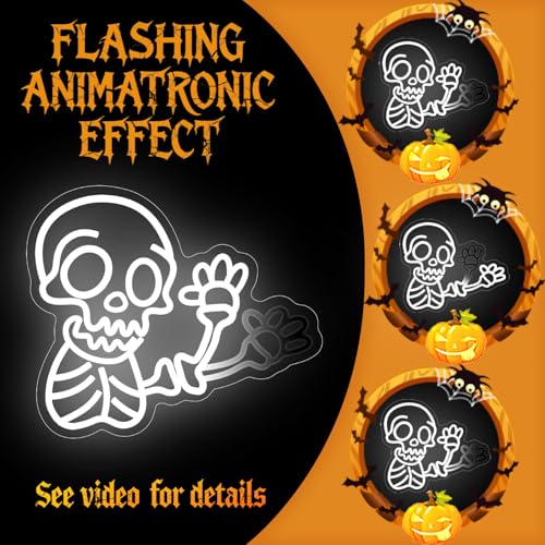 Image of Waving Skeleton Neon Sign for Wall Decor Dimmable Flashing Halloween Neon Signs Halloween Neon Lights Ghost Skull Led Wall Decor